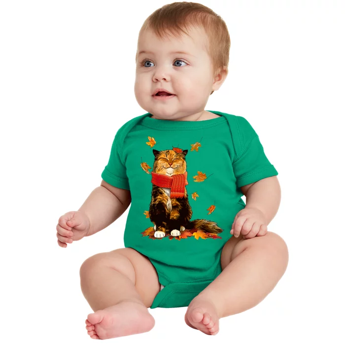 Cute Happy Autumn Cat Fall Season Lover Baby Bodysuit