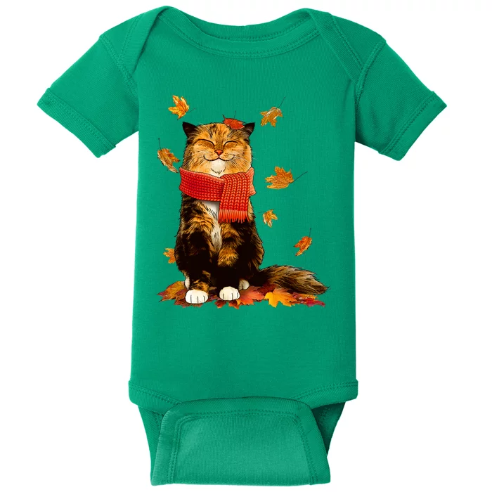 Cute Happy Autumn Cat Fall Season Lover Baby Bodysuit