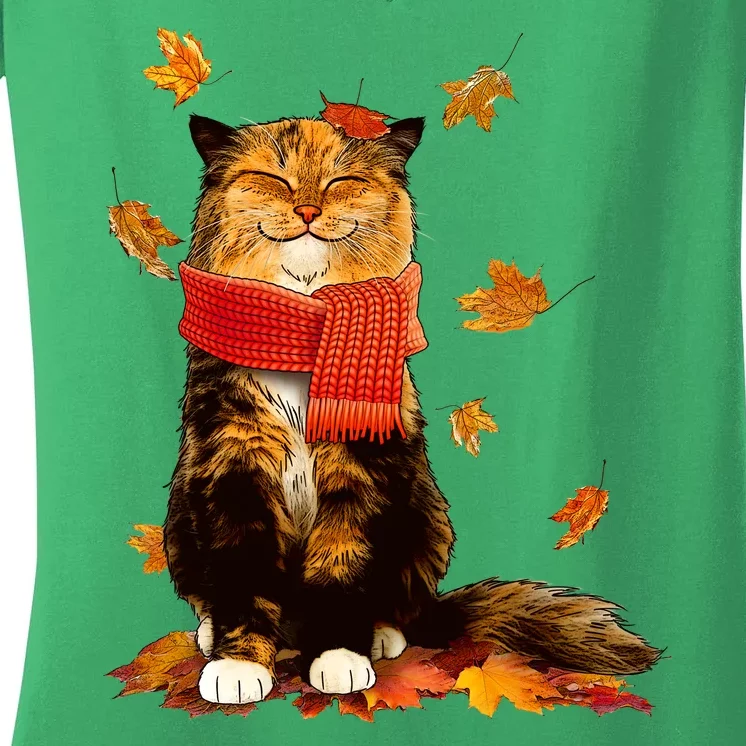 Cute Happy Autumn Cat Fall Season Lover Women's V-Neck T-Shirt