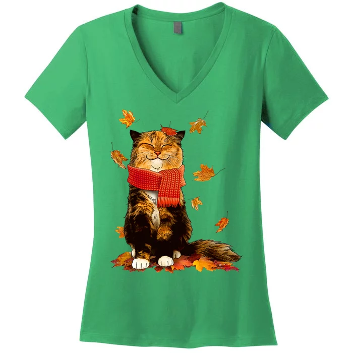 Cute Happy Autumn Cat Fall Season Lover Women's V-Neck T-Shirt