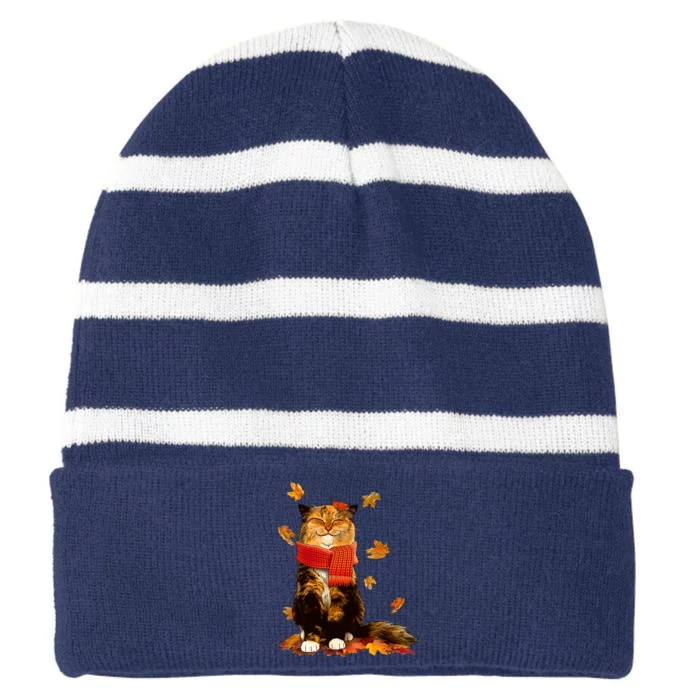 Cute Happy Autumn Cat Fall Season Lover Striped Beanie with Solid Band