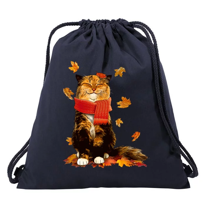 Cute Happy Autumn Cat Fall Season Lover Drawstring Bag