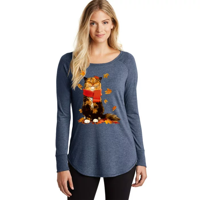 Cute Happy Autumn Cat Fall Season Lover Women's Perfect Tri Tunic Long Sleeve Shirt