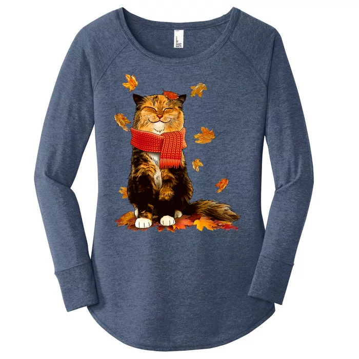 Cute Happy Autumn Cat Fall Season Lover Women's Perfect Tri Tunic Long Sleeve Shirt