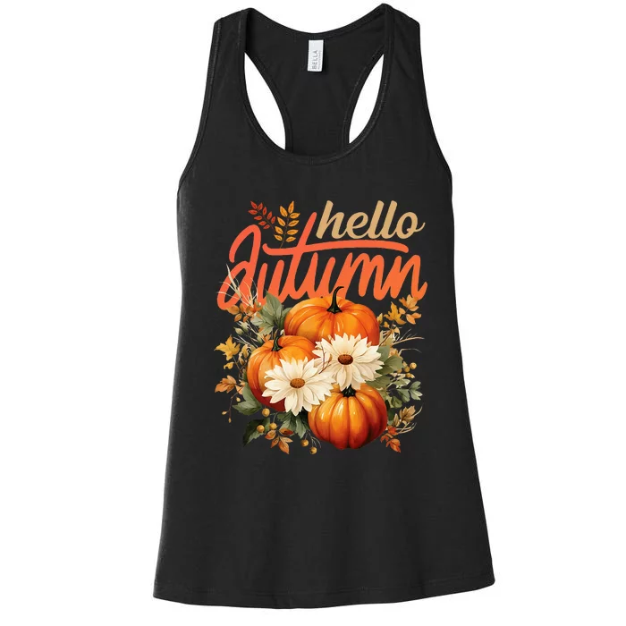 Cute Hello Autumn Season Thanksgiving And Fall Festivities Women's Racerback Tank