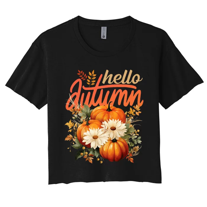 Cute Hello Autumn Season Thanksgiving And Fall Festivities Women's Crop Top Tee