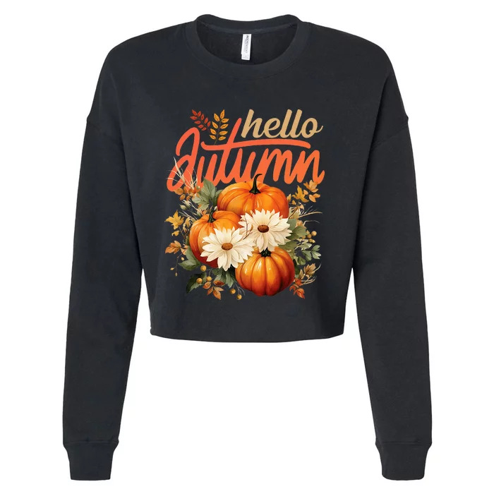 Cute Hello Autumn Season Thanksgiving And Fall Festivities Cropped Pullover Crew