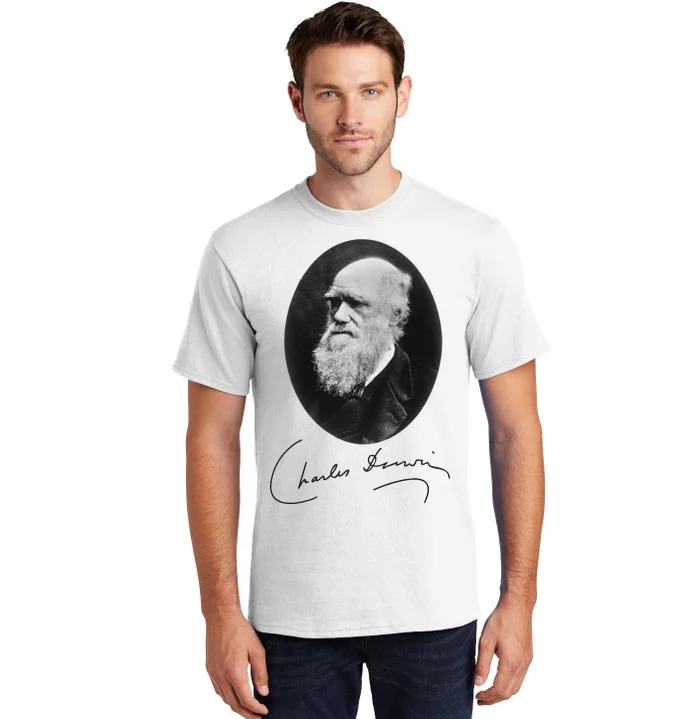 Charles Darwin Portrait Signature Evolution Atheist Science Tall T-Shirt