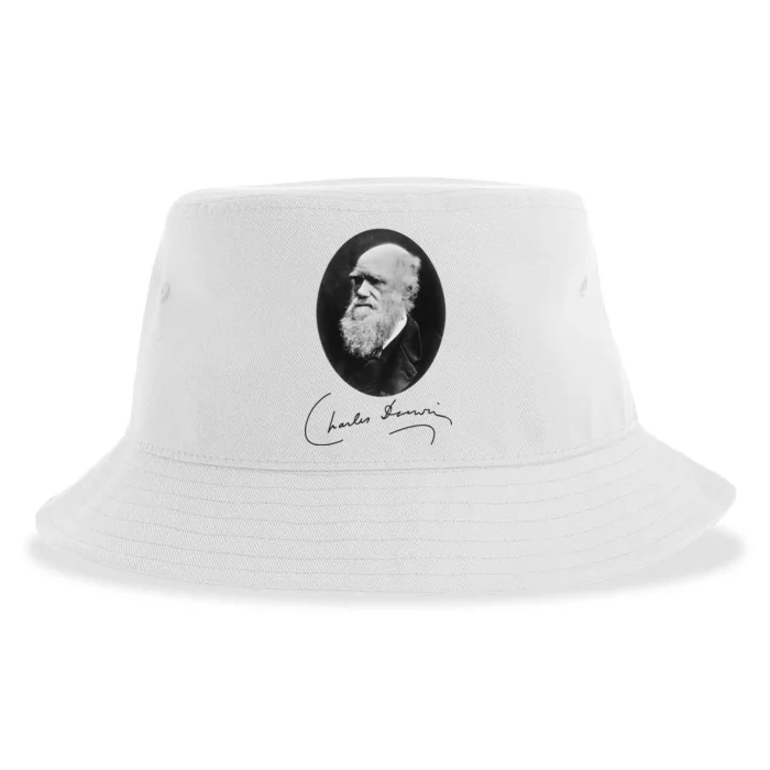 Charles Darwin Portrait Signature Evolution Atheist Science Sustainable Bucket Hat