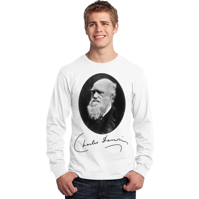 Charles Darwin Portrait Signature Evolution Atheist Science Tall Long Sleeve T-Shirt