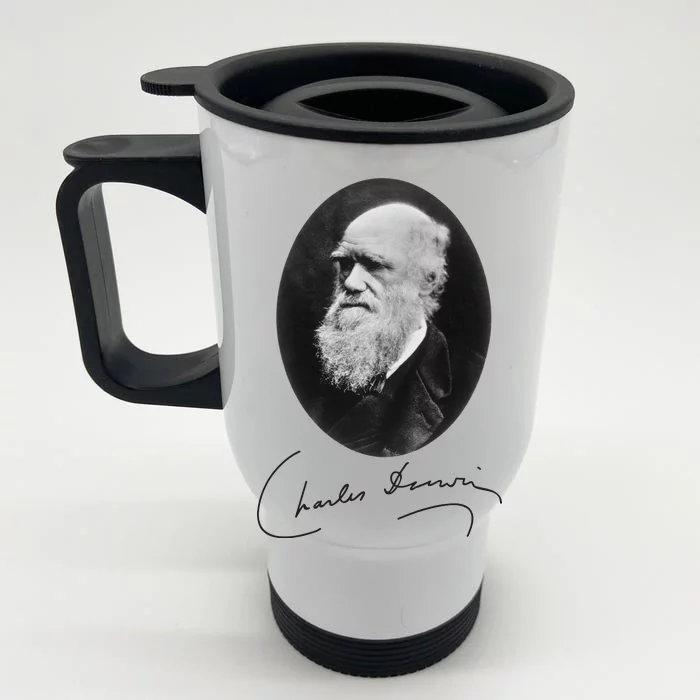 Charles Darwin Portrait Signature Evolution Atheist Science Front & Back Stainless Steel Travel Mug