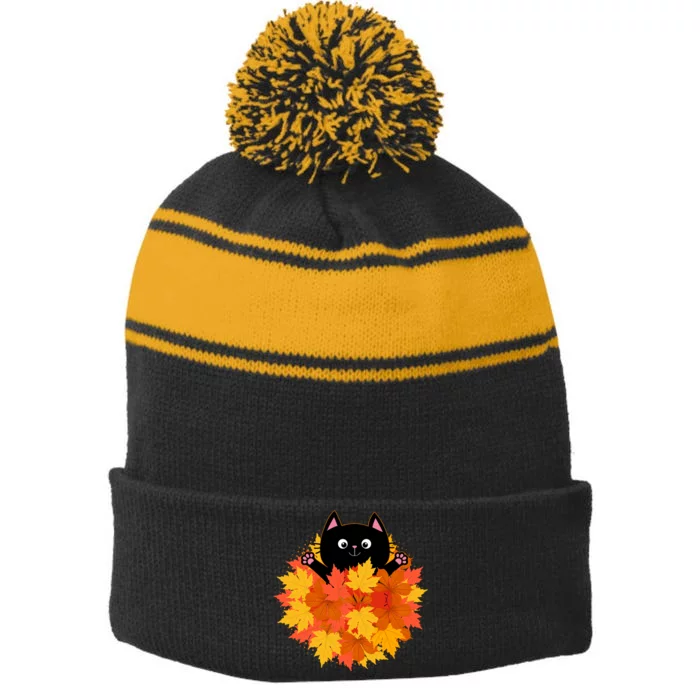 Cute Happy Black Cat Fall Autumn Leaves Stripe Pom Pom Beanie