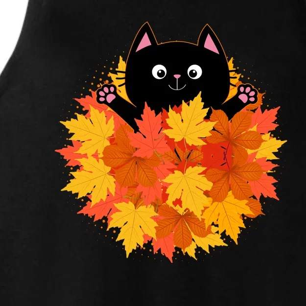 Cute Happy Black Cat Fall Autumn Leaves Ladies Tri-Blend Wicking Tank