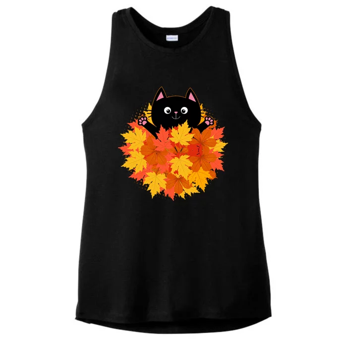 Cute Happy Black Cat Fall Autumn Leaves Ladies Tri-Blend Wicking Tank