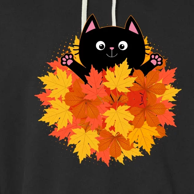 Cute Happy Black Cat Fall Autumn Leaves Garment-Dyed Fleece Hoodie