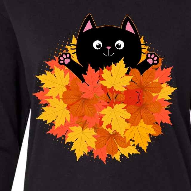 Cute Happy Black Cat Fall Autumn Leaves Womens Cotton Relaxed Long Sleeve T-Shirt