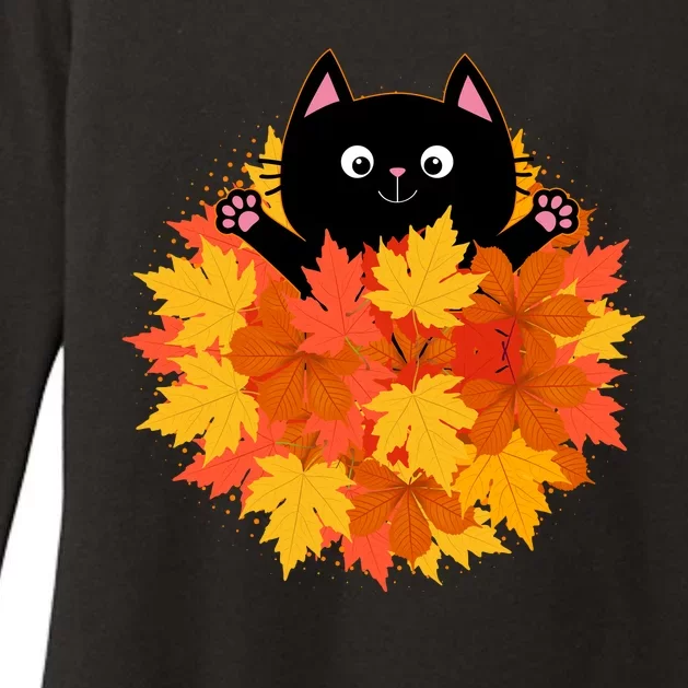 Cute Happy Black Cat Fall Autumn Leaves Womens CVC Long Sleeve Shirt