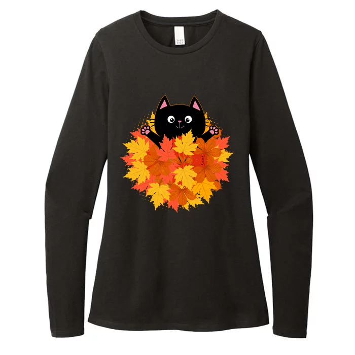 Cute Happy Black Cat Fall Autumn Leaves Womens CVC Long Sleeve Shirt