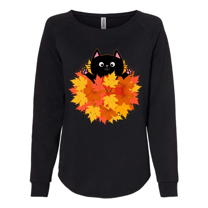 Cute Happy Black Cat Fall Autumn Leaves Womens California Wash Sweatshirt