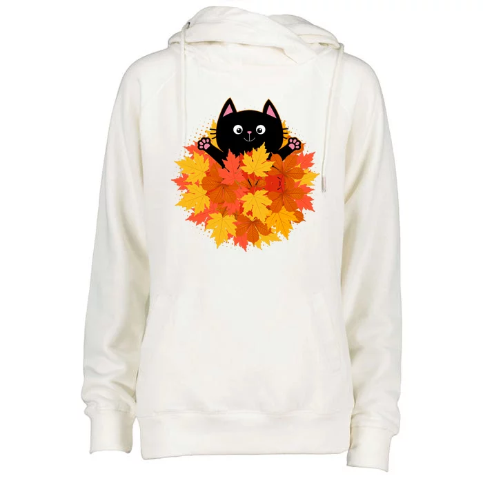 Cute Happy Black Cat Fall Autumn Leaves Womens Funnel Neck Pullover Hood