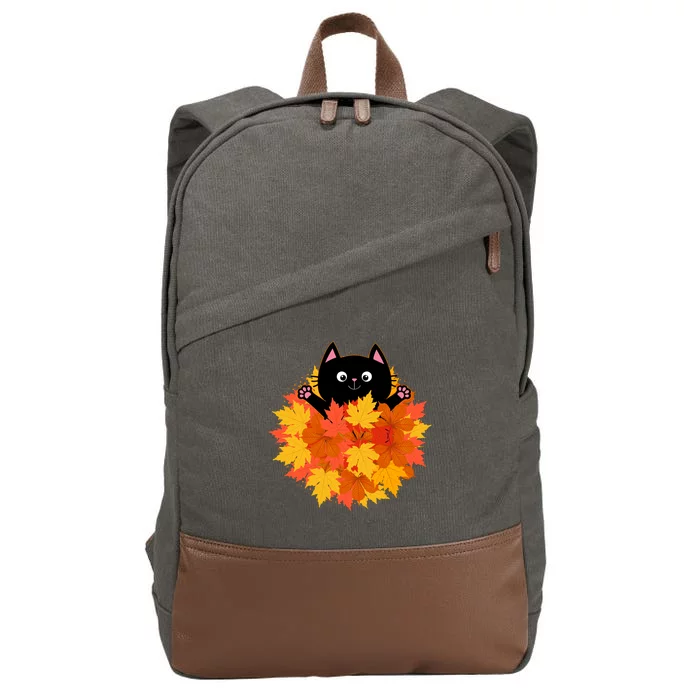 Cute Happy Black Cat Fall Autumn Leaves Cotton Canvas Backpack