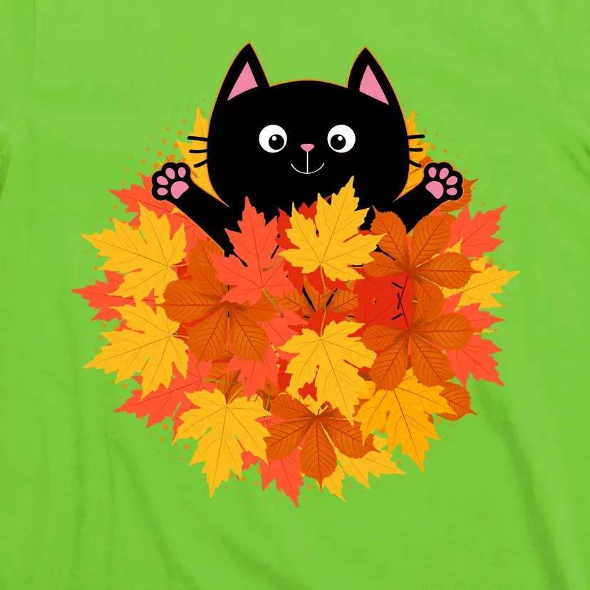 Cute Happy Black Cat Fall Autumn Leaves T-Shirt