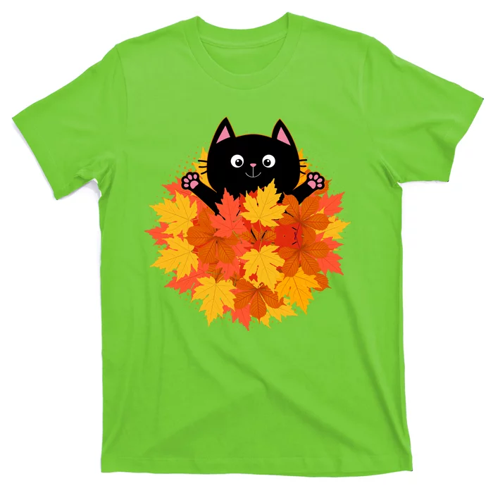 Cute Happy Black Cat Fall Autumn Leaves T-Shirt