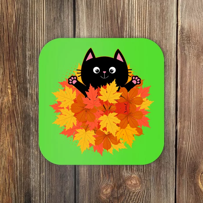 Cute Happy Black Cat Fall Autumn Leaves Coaster