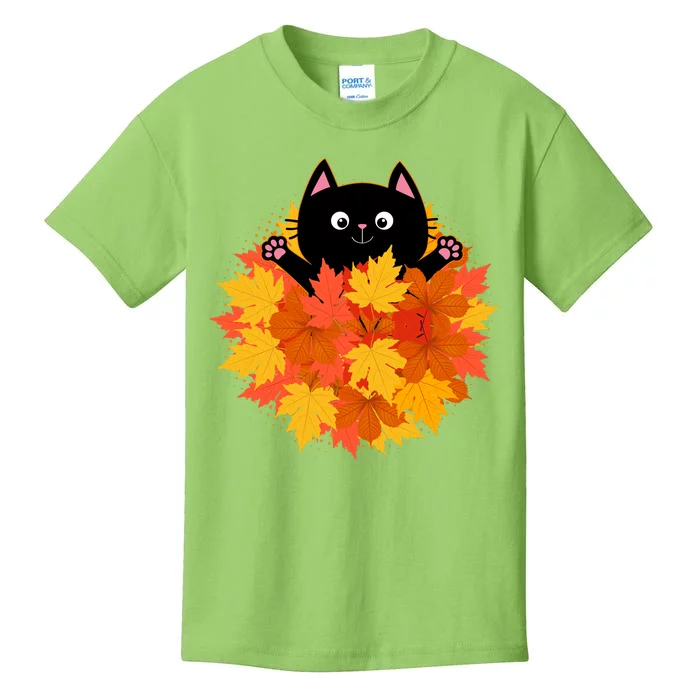 Cute Happy Black Cat Fall Autumn Leaves Kids T-Shirt