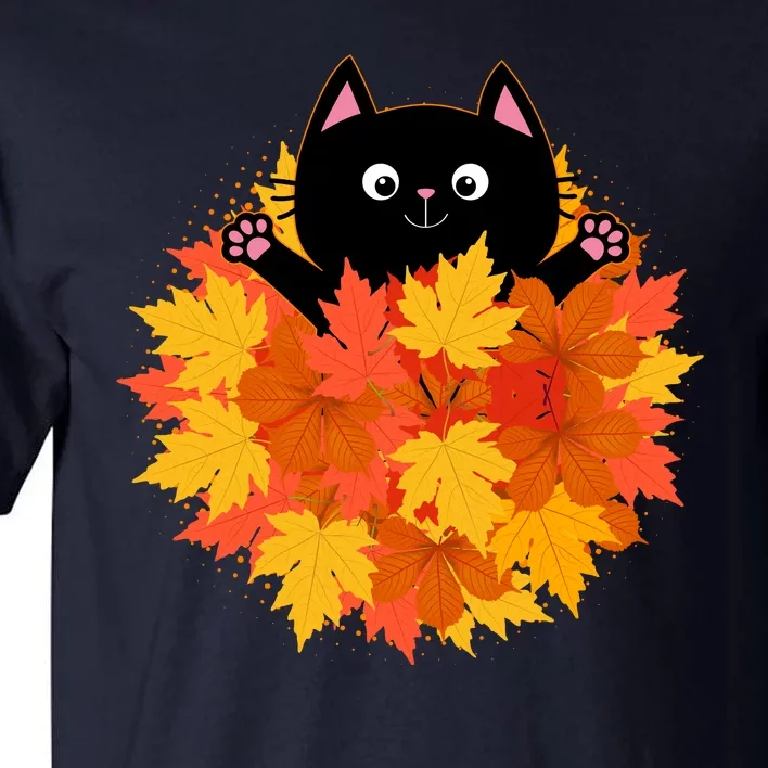 Cute Happy Black Cat Fall Autumn Leaves Tall T-Shirt