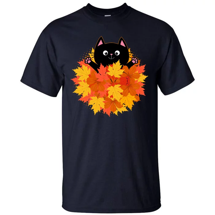 Cute Happy Black Cat Fall Autumn Leaves Tall T-Shirt