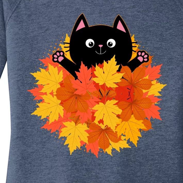 Cute Happy Black Cat Fall Autumn Leaves Women's Perfect Tri Tunic Long Sleeve Shirt