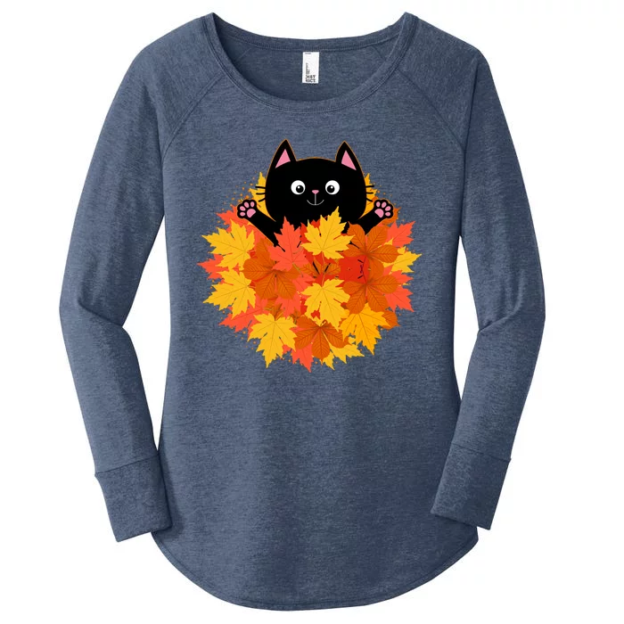 Cute Happy Black Cat Fall Autumn Leaves Women's Perfect Tri Tunic Long Sleeve Shirt