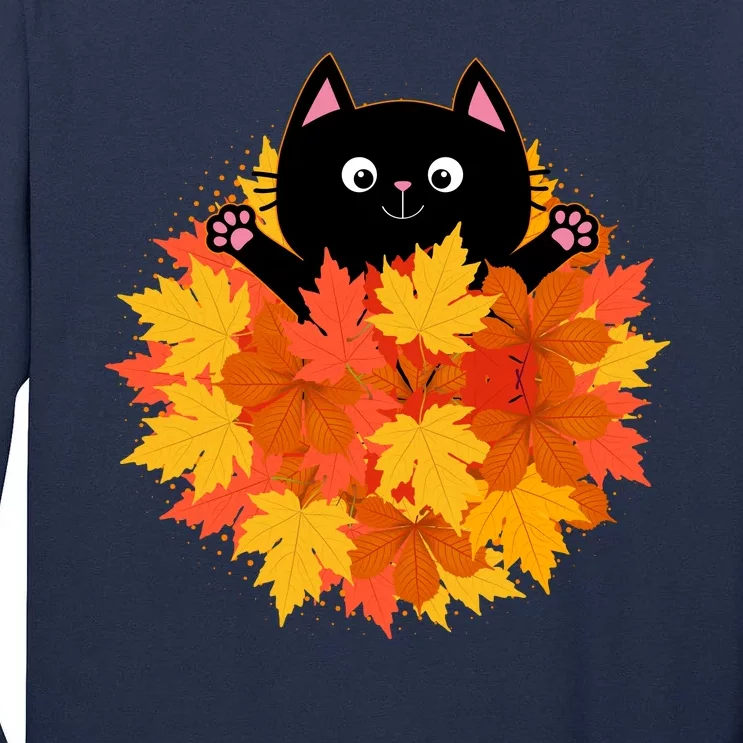 Cute Happy Black Cat Fall Autumn Leaves Tall Long Sleeve T-Shirt