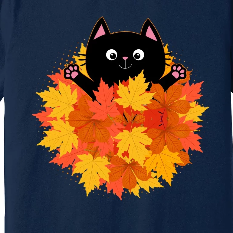 Cute Happy Black Cat Fall Autumn Leaves Premium T-Shirt