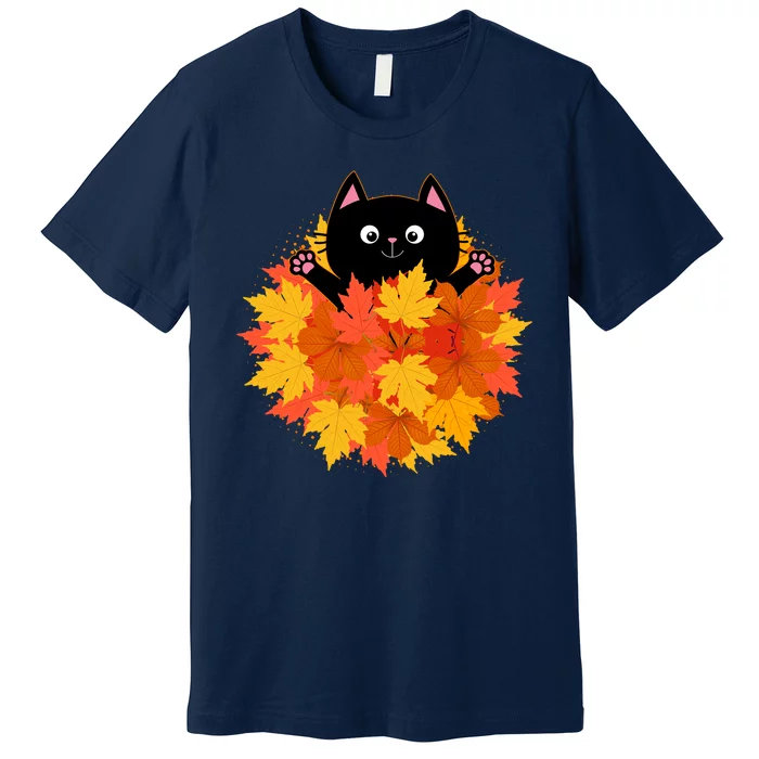 Cute Happy Black Cat Fall Autumn Leaves Premium T-Shirt