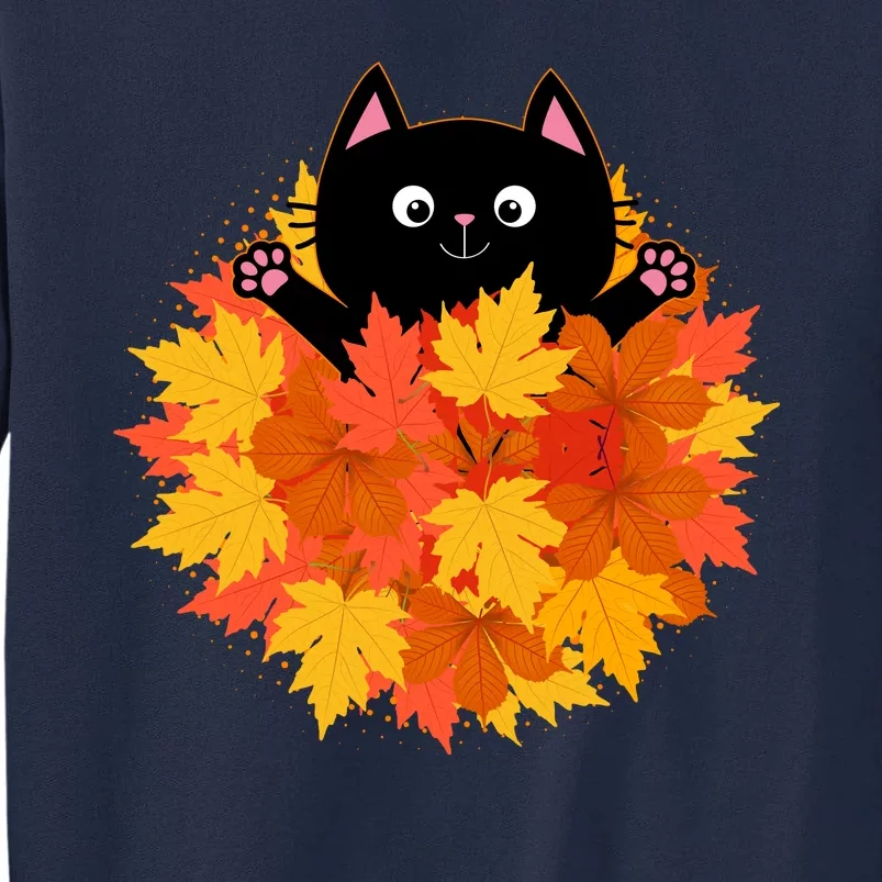 Cute Happy Black Cat Fall Autumn Leaves Tall Sweatshirt