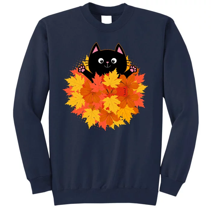 Cute Happy Black Cat Fall Autumn Leaves Tall Sweatshirt