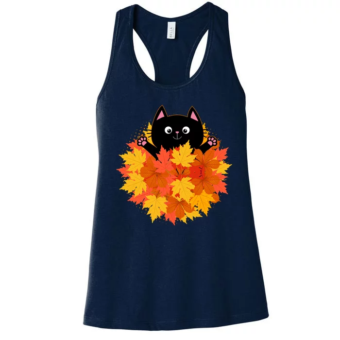 Cute Happy Black Cat Fall Autumn Leaves Women's Racerback Tank