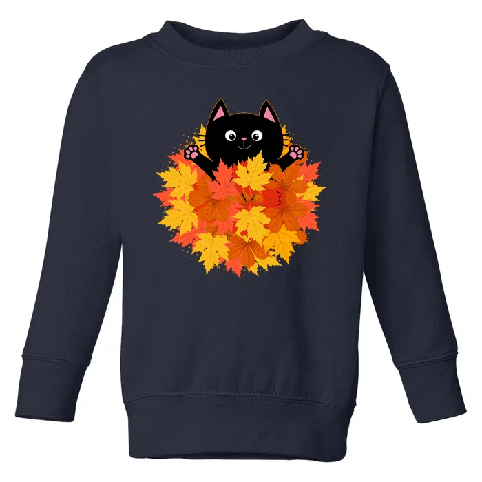 Cute Happy Black Cat Fall Autumn Leaves Toddler Sweatshirt