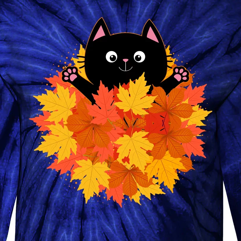 Cute Happy Black Cat Fall Autumn Leaves Tie-Dye Long Sleeve Shirt