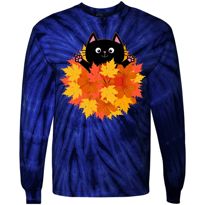 Cute Happy Black Cat Fall Autumn Leaves Tie-Dye Long Sleeve Shirt