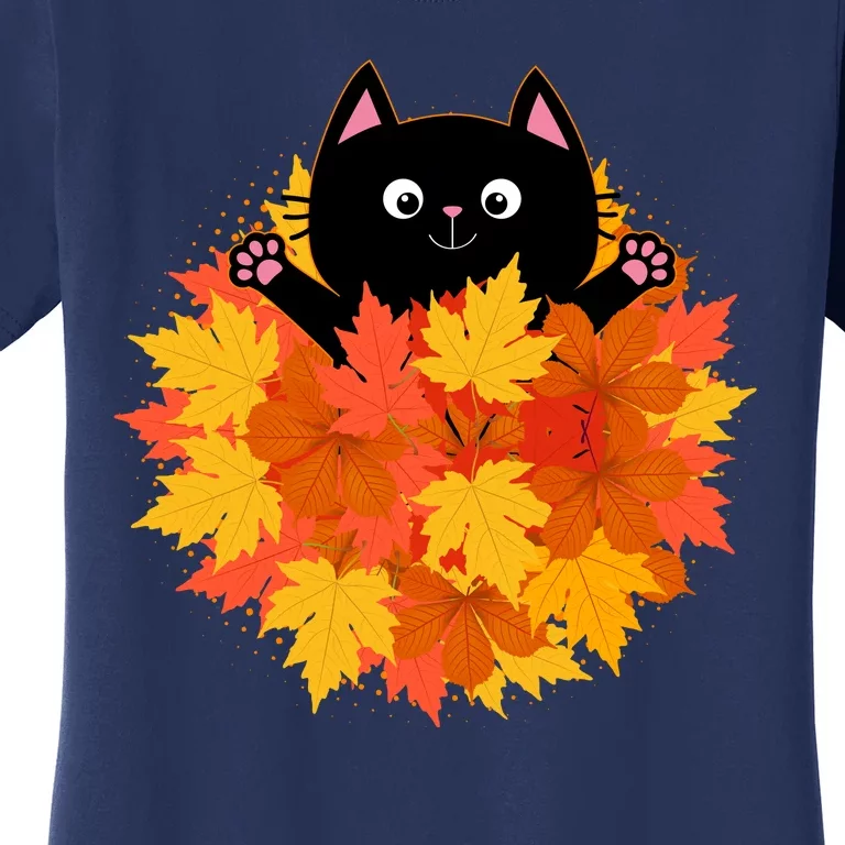 Cute Happy Black Cat Fall Autumn Leaves Women's T-Shirt