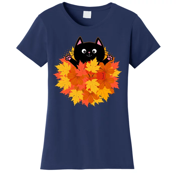 Cute Happy Black Cat Fall Autumn Leaves Women's T-Shirt