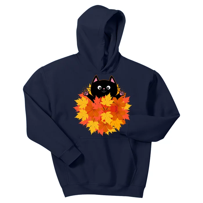 Cute Happy Black Cat Fall Autumn Leaves Kids Hoodie