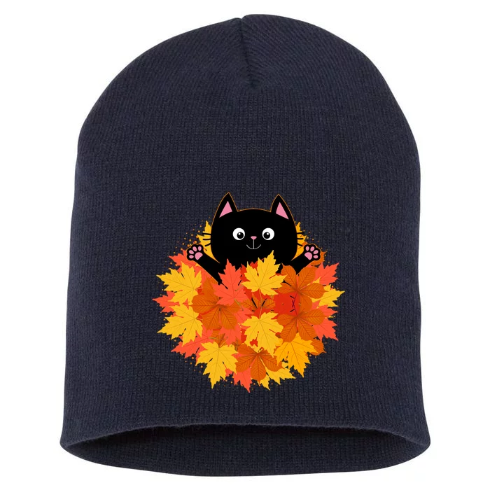 Cute Happy Black Cat Fall Autumn Leaves Short Acrylic Beanie