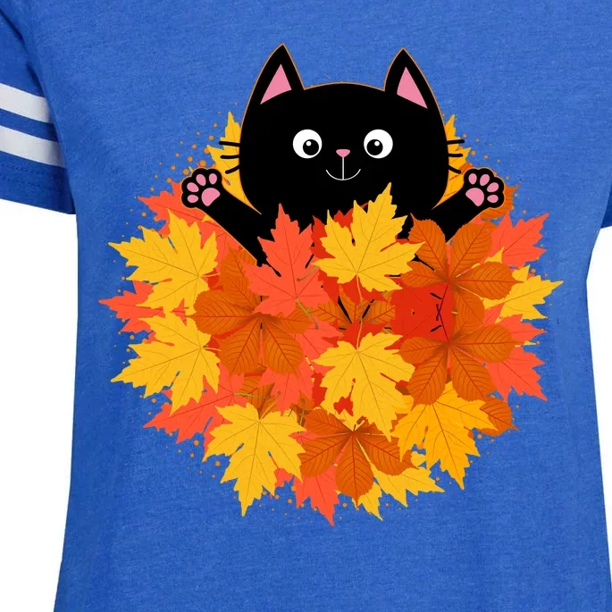 Cute Happy Black Cat Fall Autumn Leaves Enza Ladies Jersey Football T-Shirt