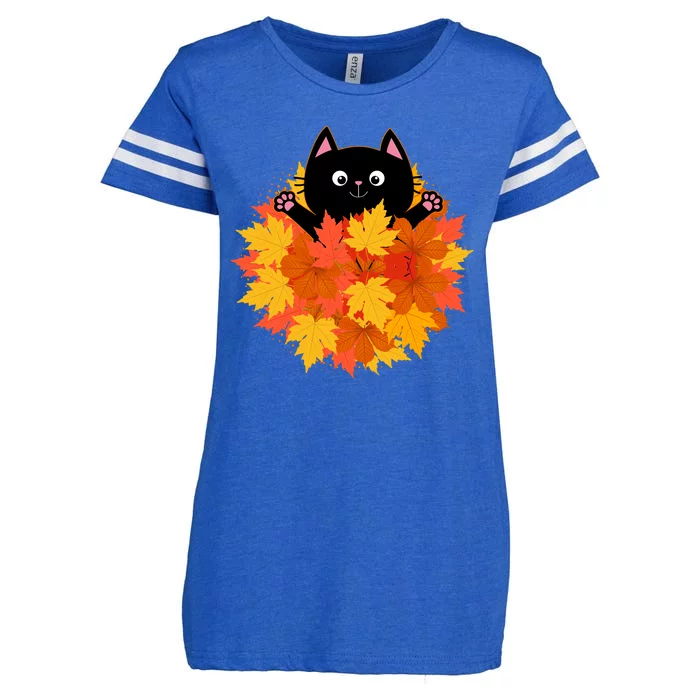 Cute Happy Black Cat Fall Autumn Leaves Enza Ladies Jersey Football T-Shirt