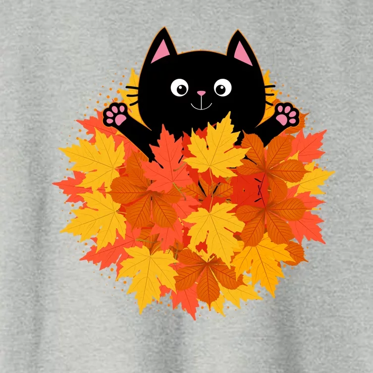 Cute Happy Black Cat Fall Autumn Leaves Women's Crop Top Tee