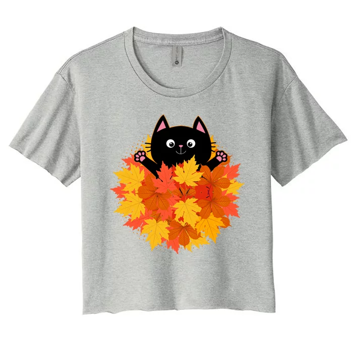 Cute Happy Black Cat Fall Autumn Leaves Women's Crop Top Tee